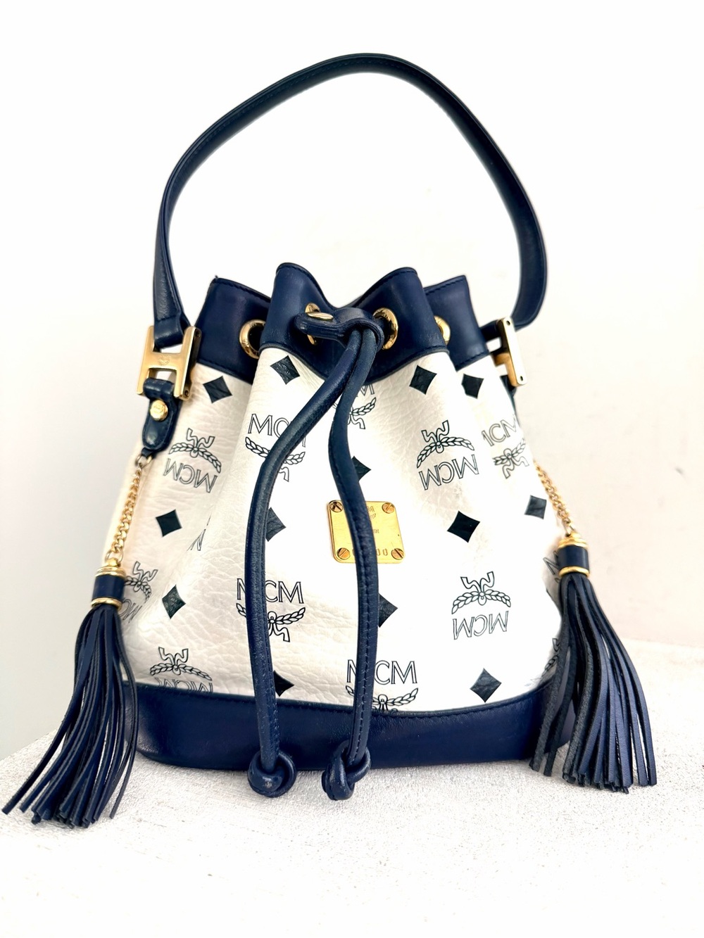 MCM VINTAGE White Navy Visetos Tassel Drawstring Bucket Bag
